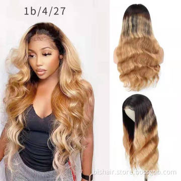 Ombre 1b/27# Long Body Wave Brown T Part Transparent Lace Highlighted Human Hair Wigs 10a Highlight Body Wave Lace Front Wigs